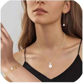 Pearl Gold Jewelry Set for Women,14K Gold Plated Pearl Necklace and Earring Set,4A Cubic Zirconia Dainty Choker Necklaces for Women Layered Pearl Bracelets Pearl Drop Earrings,Wedding Jewelry Gifts