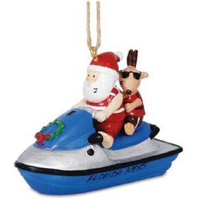 Cape Shore Santa Claus and Reindeer Riding On Jet Ski with Holiday Wreath Resin Ornament