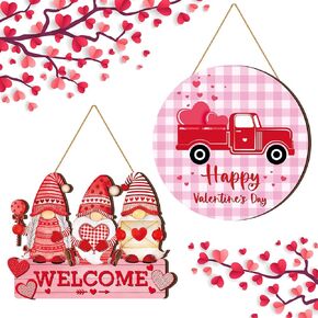 Thyle 2 Pcs Valentine's Day Welcome Sign Wood Love Heart Gnomes Car Hanging Door Sign Red Pink Buffalo Plaid Wreath Porch Decor Truck Door Hanger for Wedding Anniversary Outdoor Home Indoor Farmhouse