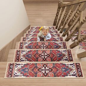Non-Slip Stair Treads for Wooden Steps, Set of 15, 30"x8" Indoor Stair Runner, Reusable Rubber Backing Safety Stair Carpet Treads for Pets, Kids & Elders (Boho - 15DeepRed)