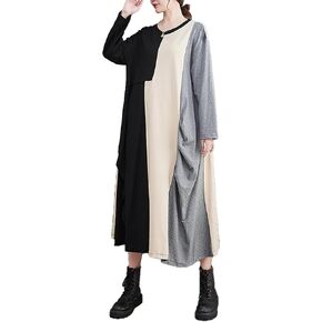 ellazhu Women's Dress Crewneck Long Sleeve Color Block Patchwork Flowy Irregualr Hem GZ259