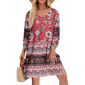 Zeagoo Womens Boho Dresses Casual Beach Summer Dress Tassel Tie Neck 3/4 Long Sleeve Mini Sundress 2025 Floral Print Cover Up