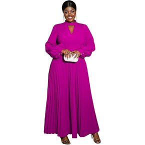 AOMEI Women's Cutout Long Pleated Church Dress Puff Sleeve Button Cuffs Keyhole Neck Casual Dresses for Women Classy