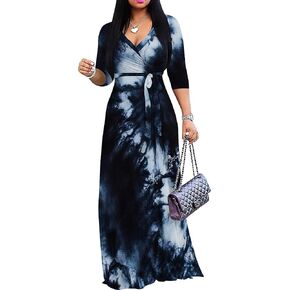 PinkPatty Women's Plus Size Maxi Dresses 3/4 Sleeves Bohemian Long Dress Printed Swing Dress with Belt