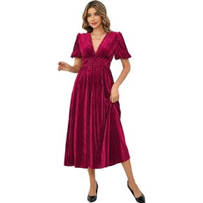 R.Vivimos Women's Fall Winter Velvet Dress Puff Sleeve Sexy Deep V Neck Elastic High Waist A-Line Elegant Casual Midi Dress