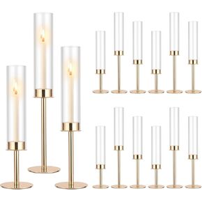 Showgeous Hurricane Candlestick Holder Glass Hurricane Candle Holder Gold Candlestick Holders Set of 12,Taper Candle Holders with Glass Cylinder Candle Covers for Table Centerpiece Christmas Wedding