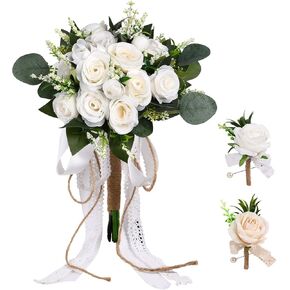 Wedding Bouquet Set for Bride and Bridesmaid with Matching Groom Boutonniere, Artificial Silk Ivory Rose Flowers and Greenery, Elegant Floral Set for Wedding, Church, Receptions, and Events