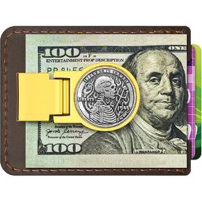 Men's front pocket leather Money Clip Wallet with hinged wallet inlaid with brass coins Classic minimalist Style Cardholder for Cash and Cards (Dark Brown and Gold 03)