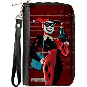 Buckle-Down DC Comics Wallet, Zip Around, Harley Quinn Mad Love Knock Pose/Lineup Reds, Vegan Leather