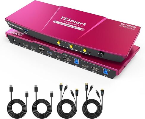TESmart 8K@60Hz DP KVM Switch 2 Monitors 2 Computers USB 3.0, DP 1.4 KVM Switch Dual Monitor 4K@144Hz for Gaming Dock, Support EDID, Gigabit Network, Hotkey Switch, Audio & Mic with All Input Cables in Saudi Arabia