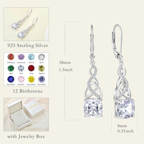 Infinity Celtic Knot Dangle Drop Earrings 925 Sterling Silver Princess Cut Leverback Earrings with Birthstone Irish Jewelry Gifts for Women in Kuwait
