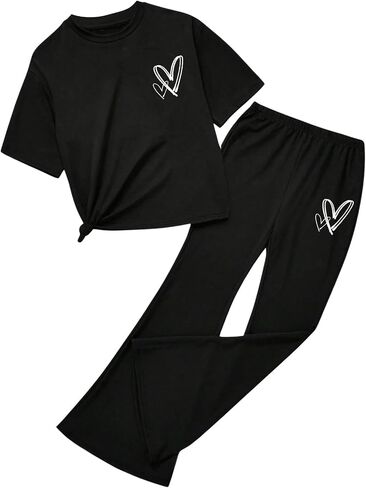 SweatyRocks Girl's Two Piece Outfits Heart Graphic Short Sleeve T Shirts and Flared Pants Sets in Saudi Arabia