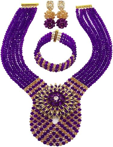 Women's Fashion Beaded Crystal Nigerian Bridal Wedding Party Necklace African Beads Jewelry Set in Kuwait