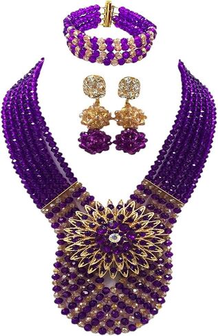 Women's Fashion Beaded Crystal Nigerian Bridal Wedding Party Necklace African Beads Jewelry Set in Kuwait