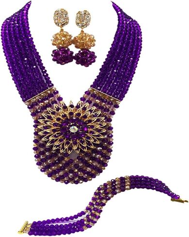 Women's Fashion Beaded Crystal Nigerian Bridal Wedding Party Necklace African Beads Jewelry Set in Kuwait