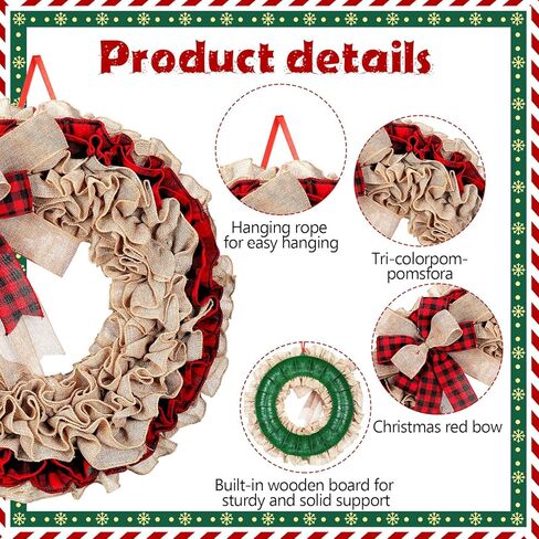 hoteam 20 بوصة عيد الميلاد الخيش إكليل عيد الميلاد الجاموس منقوشة اكليلا من الزهور مع الأقواس مزرعة ريفي الخيش إكليل الديكور للباب الأمامي خزانة غرفة المعيشة نافذة الجدار in Kuwait