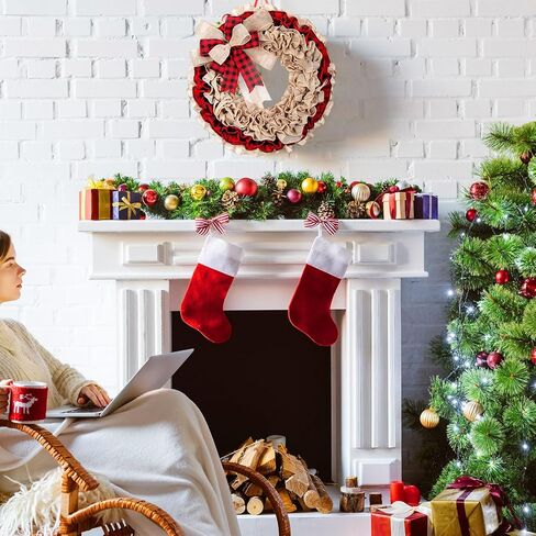 hoteam 20 بوصة عيد الميلاد الخيش إكليل عيد الميلاد الجاموس منقوشة اكليلا من الزهور مع الأقواس مزرعة ريفي الخيش إكليل الديكور للباب الأمامي خزانة غرفة المعيشة نافذة الجدار in Kuwait