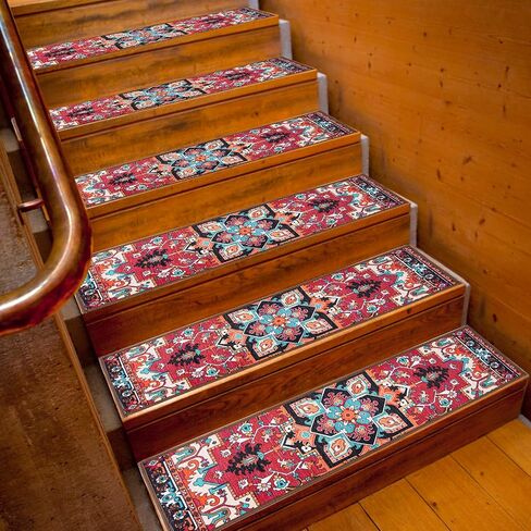 Non-Slip Stair Treads for Wooden Steps, Set of 15, 30"x8" Indoor Stair Runner, Reusable Rubber Backing Safety Stair Carpet Treads for Pets, Kids & Elders (Boho - 15DeepRed) in Kuwait