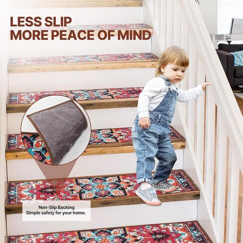 Non-Slip Stair Treads for Wooden Steps, Set of 15, 30"x8" Indoor Stair Runner, Reusable Rubber Backing Safety Stair Carpet Treads for Pets, Kids & Elders (Boho - 15DeepRed) in Kuwait