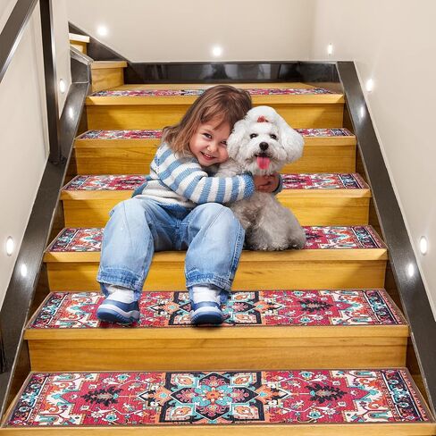 Non-Slip Stair Treads for Wooden Steps, Set of 15, 30"x8" Indoor Stair Runner, Reusable Rubber Backing Safety Stair Carpet Treads for Pets, Kids & Elders (Boho - 15DeepRed) in Kuwait