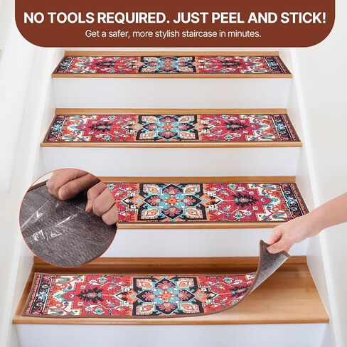 Non-Slip Stair Treads for Wooden Steps, Set of 15, 30"x8" Indoor Stair Runner, Reusable Rubber Backing Safety Stair Carpet Treads for Pets, Kids & Elders (Boho - 15DeepRed) in Kuwait