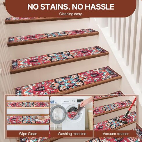 Non-Slip Stair Treads for Wooden Steps, Set of 15, 30"x8" Indoor Stair Runner, Reusable Rubber Backing Safety Stair Carpet Treads for Pets, Kids & Elders (Boho - 15DeepRed) in Kuwait