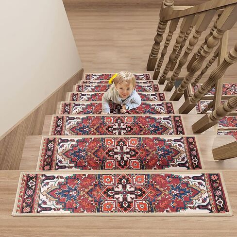 Non-Slip Stair Treads for Wooden Steps, Set of 15, 30"x8" Indoor Stair Runner, Reusable Rubber Backing Safety Stair Carpet Treads for Pets, Kids & Elders (Boho - 15DeepRed) in Kuwait