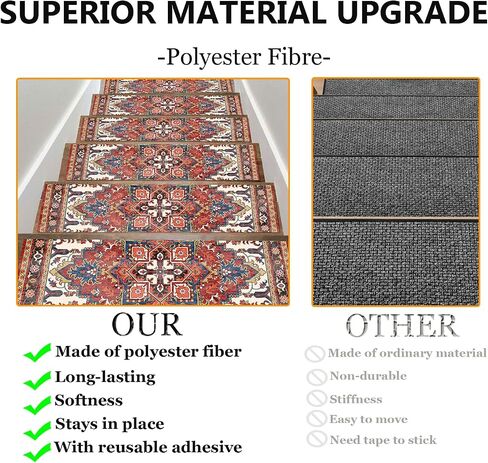 Non-Slip Stair Treads for Wooden Steps, Set of 15, 30"x8" Indoor Stair Runner, Reusable Rubber Backing Safety Stair Carpet Treads for Pets, Kids & Elders (Boho - 15DeepRed) in Kuwait