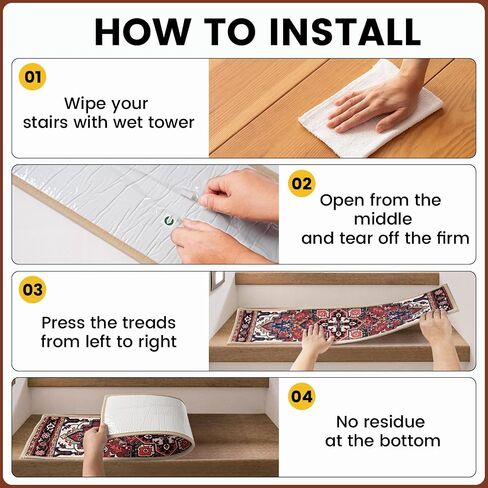 Non-Slip Stair Treads for Wooden Steps, Set of 15, 30"x8" Indoor Stair Runner, Reusable Rubber Backing Safety Stair Carpet Treads for Pets, Kids & Elders (Boho - 15DeepRed) in Kuwait