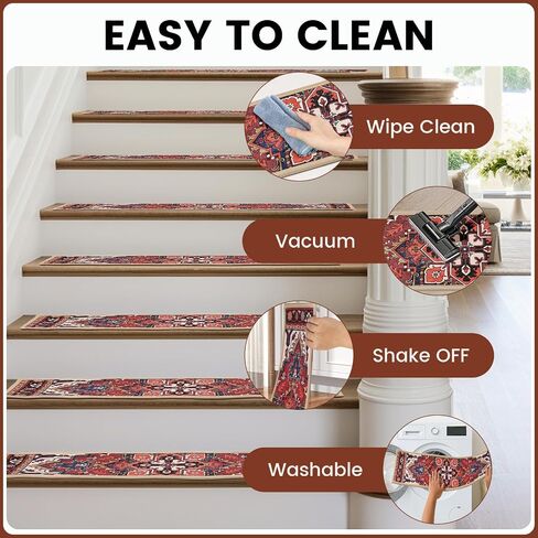 Non-Slip Stair Treads for Wooden Steps, Set of 15, 30"x8" Indoor Stair Runner, Reusable Rubber Backing Safety Stair Carpet Treads for Pets, Kids & Elders (Boho - 15DeepRed) in Kuwait
