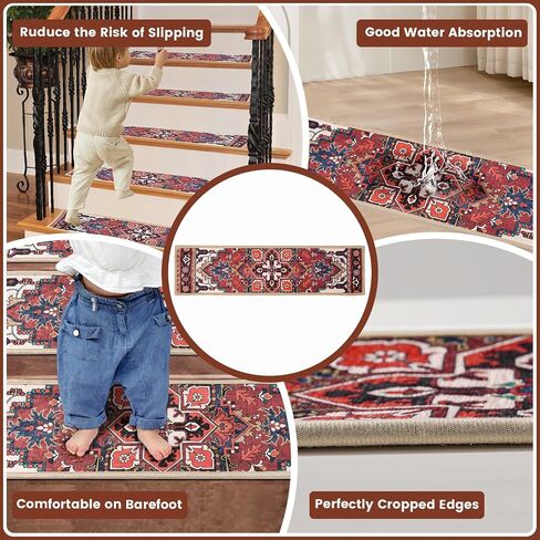 Non-Slip Stair Treads for Wooden Steps, Set of 15, 30"x8" Indoor Stair Runner, Reusable Rubber Backing Safety Stair Carpet Treads for Pets, Kids & Elders (Boho - 15DeepRed) in Kuwait