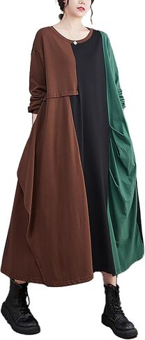 ellazhu Women's Dress Crewneck Long Sleeve Color Block Patchwork Flowy Irregualr Hem GZ259 in Saudi Arabia