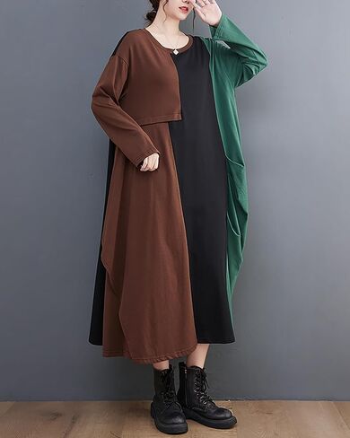 ellazhu Women's Dress Crewneck Long Sleeve Color Block Patchwork Flowy Irregualr Hem GZ259 in Saudi Arabia