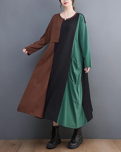 ellazhu Women's Dress Crewneck Long Sleeve Color Block Patchwork Flowy Irregualr Hem GZ259 in Saudi Arabia