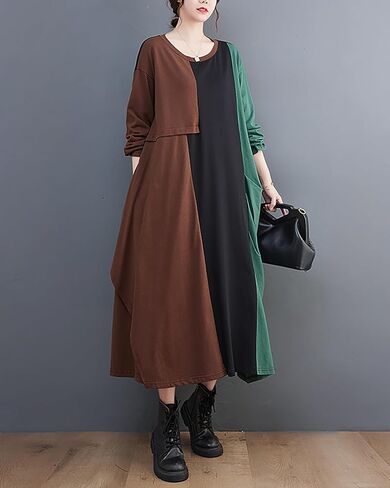 ellazhu Women's Dress Crewneck Long Sleeve Color Block Patchwork Flowy Irregualr Hem GZ259 in Saudi Arabia