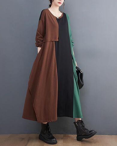 ellazhu Women's Dress Crewneck Long Sleeve Color Block Patchwork Flowy Irregualr Hem GZ259 in Saudi Arabia