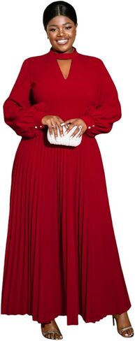 AOMEI المرأة انقطاع طويل مطوي فستان الكنيسة نفخة الأكمام زر الأصفاد ثقب المفتاح الرقبة فساتين عادية للنساء أنيق in Kuwait