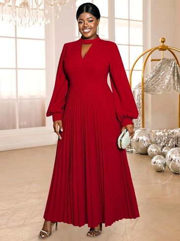 AOMEI المرأة انقطاع طويل مطوي فستان الكنيسة نفخة الأكمام زر الأصفاد ثقب المفتاح الرقبة فساتين عادية للنساء أنيق in Kuwait