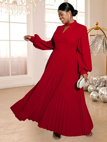 AOMEI المرأة انقطاع طويل مطوي فستان الكنيسة نفخة الأكمام زر الأصفاد ثقب المفتاح الرقبة فساتين عادية للنساء أنيق in Kuwait