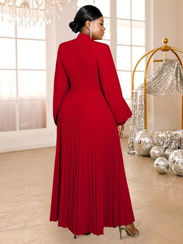 AOMEI المرأة انقطاع طويل مطوي فستان الكنيسة نفخة الأكمام زر الأصفاد ثقب المفتاح الرقبة فساتين عادية للنساء أنيق in Kuwait