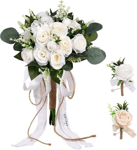 Wedding Bouquet Set for Bride and Bridesmaid with Matching Groom Boutonniere, Artificial Silk Ivory Rose Flowers and Greenery, Elegant Floral Set for Wedding, Church, Receptions, and Events in Saudi Arabia