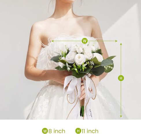 Wedding Bouquet Set for Bride and Bridesmaid with Matching Groom Boutonniere, Artificial Silk Ivory Rose Flowers and Greenery, Elegant Floral Set for Wedding, Church, Receptions, and Events in Saudi Arabia