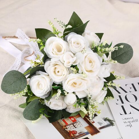 Wedding Bouquet Set for Bride and Bridesmaid with Matching Groom Boutonniere, Artificial Silk Ivory Rose Flowers and Greenery, Elegant Floral Set for Wedding, Church, Receptions, and Events in Saudi Arabia