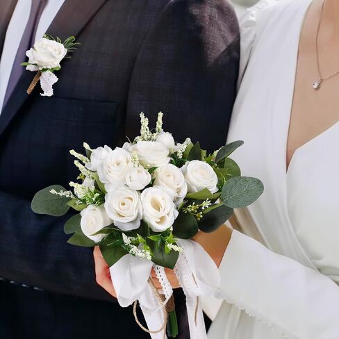 Wedding Bouquet Set for Bride and Bridesmaid with Matching Groom Boutonniere, Artificial Silk Ivory Rose Flowers and Greenery, Elegant Floral Set for Wedding, Church, Receptions, and Events in Saudi Arabia