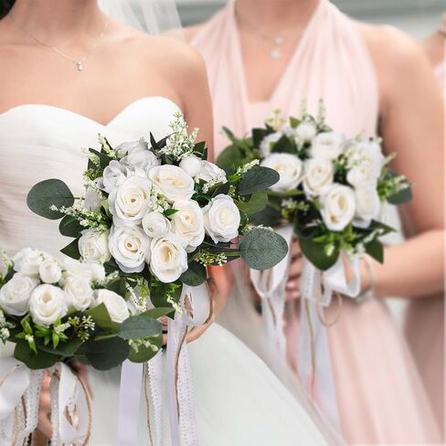 Wedding Bouquet Set for Bride and Bridesmaid with Matching Groom Boutonniere, Artificial Silk Ivory Rose Flowers and Greenery, Elegant Floral Set for Wedding, Church, Receptions, and Events in Saudi Arabia