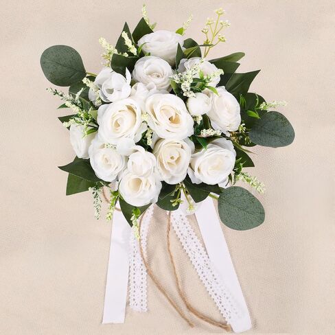 Wedding Bouquet Set for Bride and Bridesmaid with Matching Groom Boutonniere, Artificial Silk Ivory Rose Flowers and Greenery, Elegant Floral Set for Wedding, Church, Receptions, and Events in Saudi Arabia