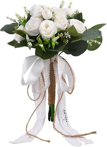 Wedding Bouquet Set for Bride and Bridesmaid with Matching Groom Boutonniere, Artificial Silk Ivory Rose Flowers and Greenery, Elegant Floral Set for Wedding, Church, Receptions, and Events in Saudi Arabia