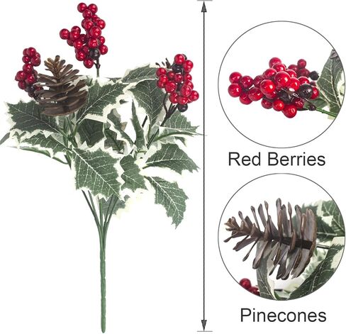 8 عبوات من زهور عيد الميلاد الاصطناعية مع التوت الهولي ومخاريط الصنوبر والأوراق الخضراء وسيقان الزهور الصناعية لديكور العطلات in Kuwait