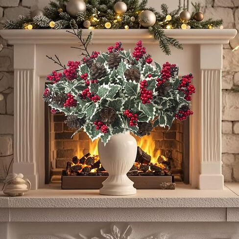 8 عبوات من زهور عيد الميلاد الاصطناعية مع التوت الهولي ومخاريط الصنوبر والأوراق الخضراء وسيقان الزهور الصناعية لديكور العطلات in Kuwait