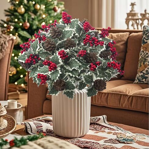8 عبوات من زهور عيد الميلاد الاصطناعية مع التوت الهولي ومخاريط الصنوبر والأوراق الخضراء وسيقان الزهور الصناعية لديكور العطلات in Kuwait